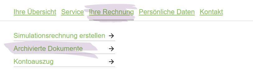 Navigationsmenü mit den Links: Ihre Übersicht, Service, Ihre Rechnung, Persönliche Daten, Kontakt. Darunter Optionen: Simulationsrechnung erstellen, Archivierte Dokumente, Kontoauszug